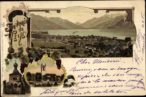 Litho Vevey Kanton Waadt, Gesamtansicht, Kirche