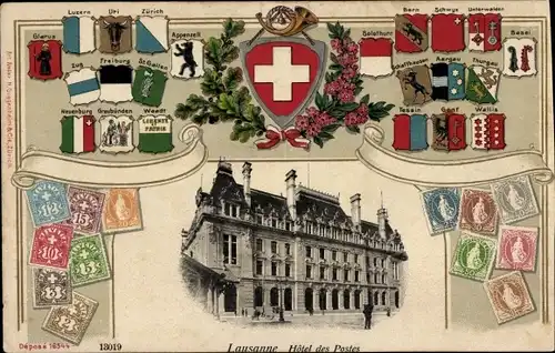 Präge Wappen Passepartout Ak Lausanne Kanton Waadt, Postgebäude
