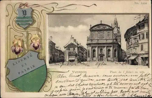 Präge Wappen Passepartout Ak Yverdon les Bains Kanton Waadt, Rathausplatz