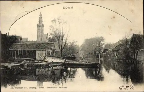Ak Edam Volendam Nordholland Niederlande, Partie am Wasser, Boote, Häuser