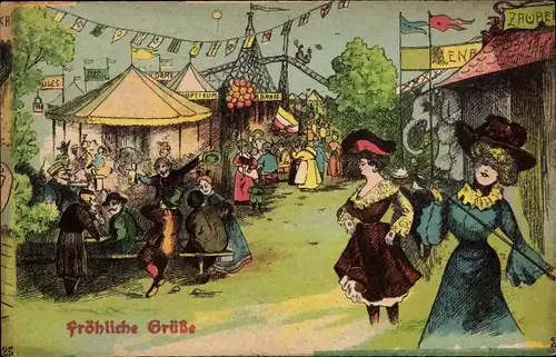 Ak Vergnügungspark, Fest, Feiernde Menschen, Zirkus, Zauberer, Frauen