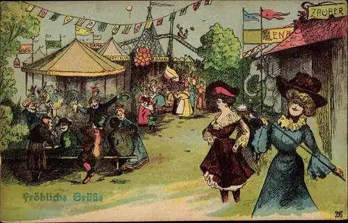 Ak Vergnügungspark, Fest, Feiernde Menschen, Zirkus, Zauberer, Frauen