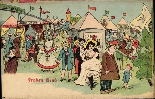 Ak Frohen Gruß, Jahrmarkt, Volksfest, Seekuh, Rutschbahn