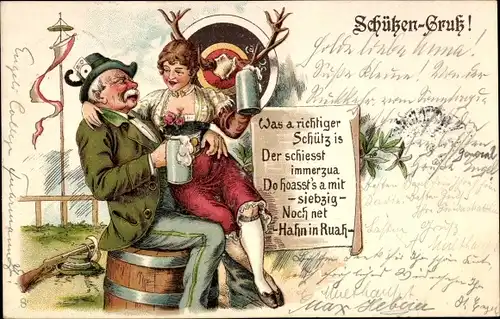 Litho Schützen-Gruß, Schütze mit Frau auf dem Schoss, Bierkrug, Hirschgeweih