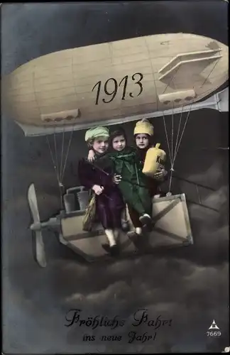 Ak Glückwunsch Neujahr 1913, Kinder, Zeppelin, Geldsack