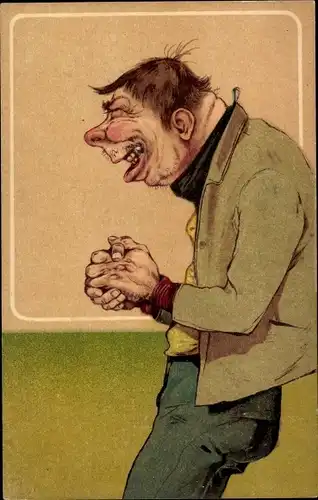 Präge Ak Karikatur eines lachenden Mannes, Freude, Fehlende Zähne