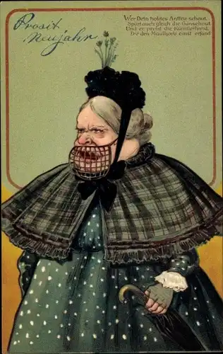 Präge Ak Frau mit Maulkorb, Portrait, Regenschirm, Hut