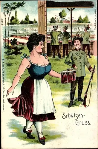Ak Schützenfest, Kellnerin, Bierkrug, Schütze, Schießübung