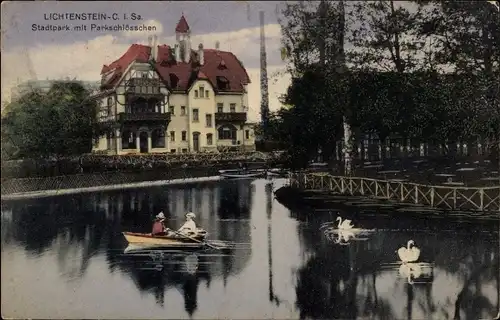 Ak Lichtenstein in Sachsen, Stadtpark, Parkschlösschen, Ruderboot, Schwäne