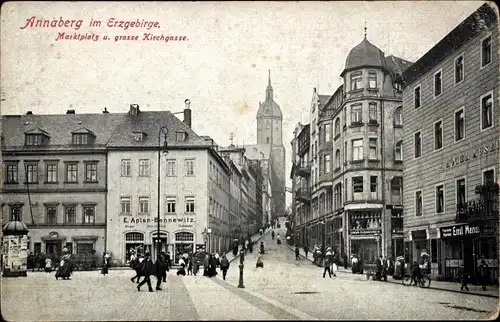 Ak Annaberg im Erzgebirge, Marktplatz, Große Kirchgasse, Litfaßsäule, Geschäfte, Hotel