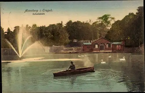 Ak Annaberg Erzgebirge, Schutzteich, Fontäne, Ruderboot, Schwäne