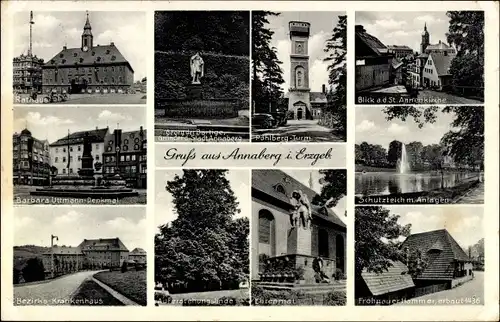 Ak Annaberg Buchholz Erzgebirge, Rathaus, St. Annenkirche, Pöhlberg Turm, Bezirkskrankenhaus