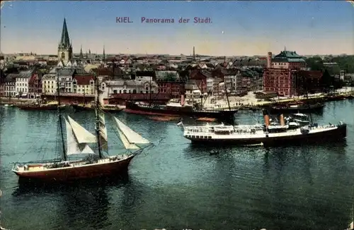 Ak Kiel in Schleswig Holstein, Panorama der Stadt, Segelschiff, Dampfschiff