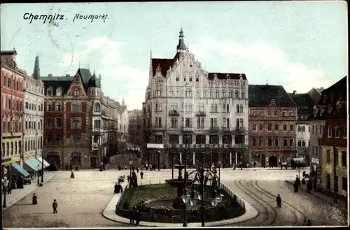 Ak Chemnitz Sachsen, Neumarkt, Kaiser-Café, Brunnen