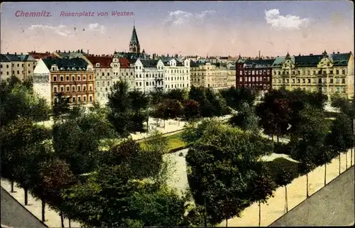 Ak Chemnitz Sachsen, Rosenplatz von Westen, Vogelschau, Häuser