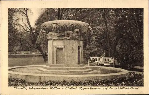 Ak Chemnitz in Sachsen, Schlossteich-Insel, Bürgermeister Müller Stadtrat Zipper Brunnen