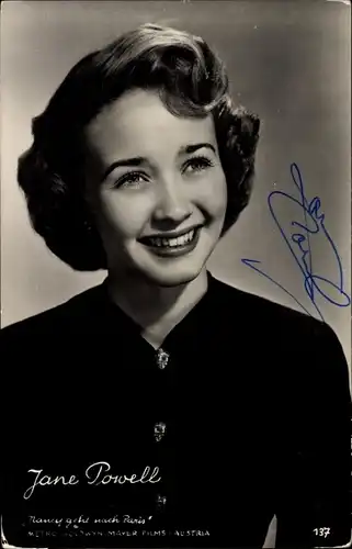 Ak Schauspielerin Jane Powell, Portrait, Autogramm