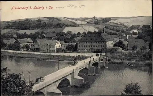 Ak Fischendorf Leisnig in Sachsen, Panorama, Brücke, Fluss