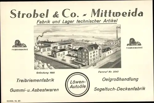 Ak Mittweida in Sachsen, Fabrik Strobel & Co., Lager technischer Artikel, Löwen Autoöle