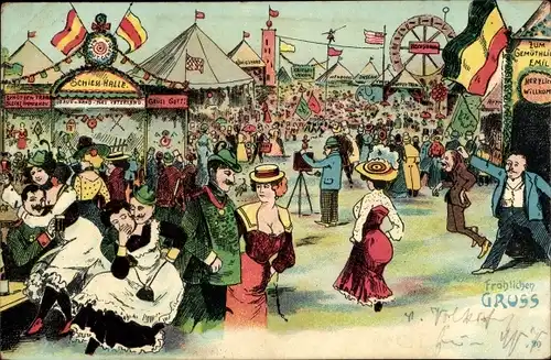 Litho Vergnügungspark, Fest, Feiernde Menschen, Schießhalle, Riesenrad