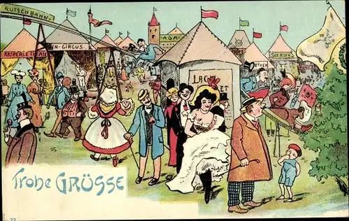 Litho Frohen Gruß, Jahrmarkt, Volksfest, Seekuh, Rutschbahn