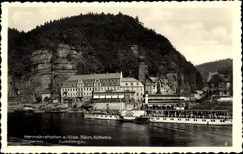 Ak Hřensko Herrnskretschen Elbe Region Aussig, Sudetengau, Salondampfer