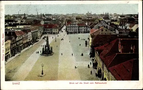 Ak Žatec Saaz Reg. Aussig, Blick auf die Stadt vom Rathausturm