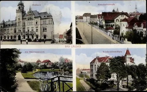 Ak Bad Lausick in Sachsen, Rathaus, Schwanenteich, König Albert Platz, Eisenbahnstraße