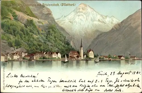 Litho Flüelen Kanton Uri Schweiz, Urnersee, Bristenstock, Blick auf den Ort, Berggesicht