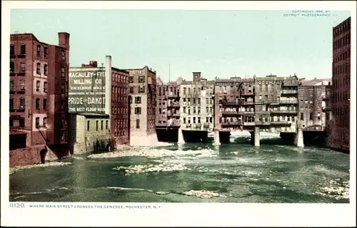Ak Rochester New York USA, wo die Mains Street den Genesee kreuzt