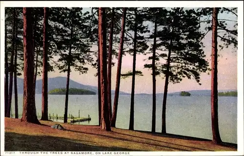 Ak Lake George New York USA, Blick durch die Bäume bei Sagamore