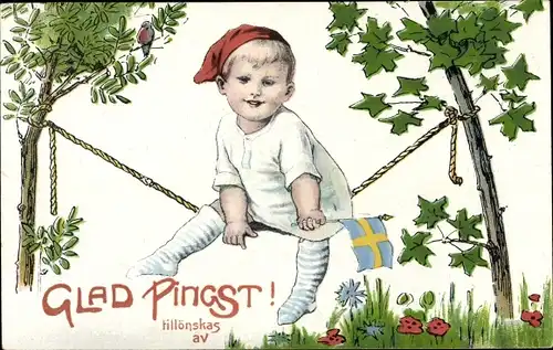 Ak Glückwunsch Pfingsten, Kind, Schwedische Fahne, Bäume, Seil