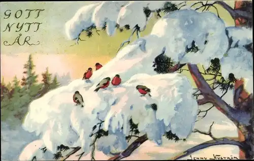 Künstler Ak Nyström, J., Glückwunsch Neujahr, Verschneiter Baum, Vögel