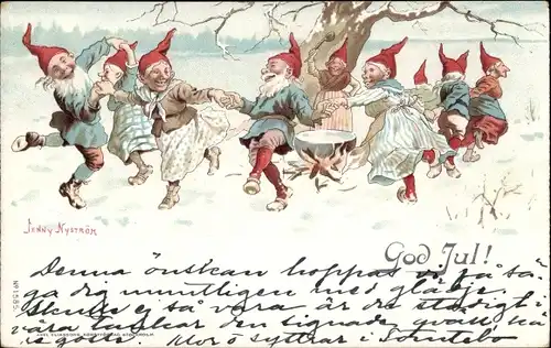Künstler Litho Nyström, J., Glückwunsch Weihnachten, Tanzende Zwerge, Kessel, Lagerfeuer