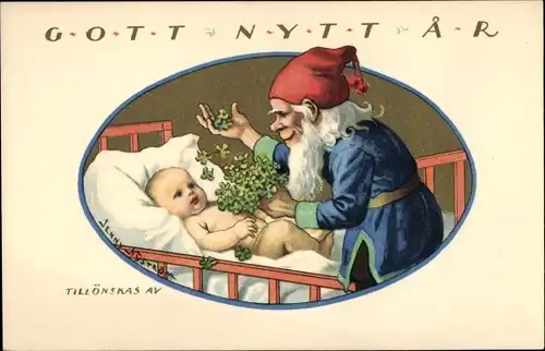 Künstler Ak Nyström, J., Glückwunsch Neujahr, Baby im Bett, Zwerg, Glücksklee