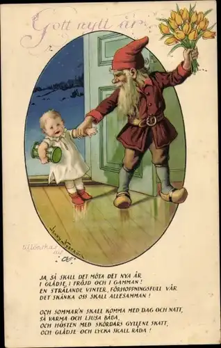 Künstler Ak Nyström, J., Glückwunsch Neujahr, Zwerg, Baby, Tulpen, Sanduhr