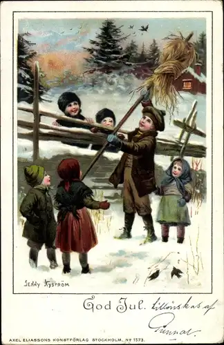 Künstler Litho Nyström, J., Glückwunsch Weihnachten, Kinder, Stroh am Stab, Winterszene