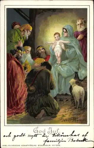 Künstler Litho Nyström, J., Glückwunsch Weihnachten, Maria, Josef, Jesuskind, Drei Könige