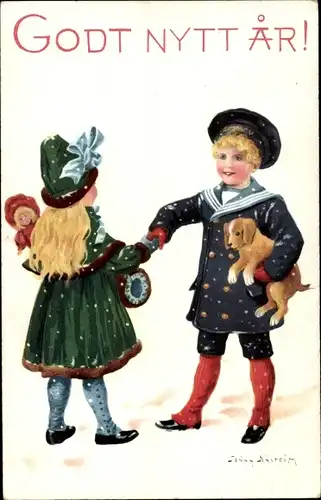 Künstler Ak Nyström, J., Glückwunsch Neujahr, Kinder, Spielzeuge, Puppe, Hund