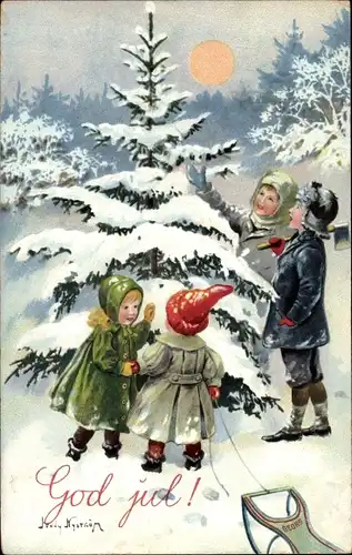 Künstler Ak Nyström, J., Glückwunsch Weihnachten, Kinder, Tannenbaum, Schlitten, Axt