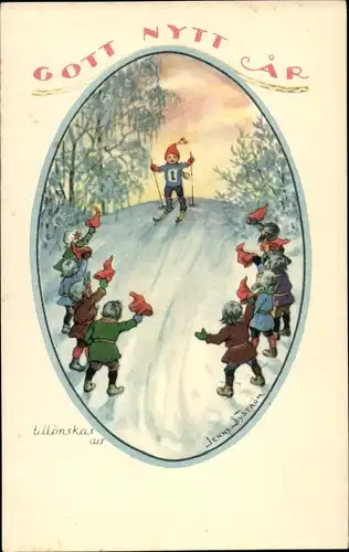 Künstler Ak Nyström, J., Glückwunsch Neujahr, Zwerge, Skifahrt