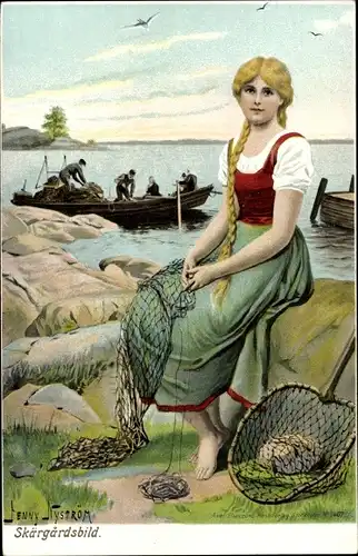 Künstler Litho Nyström, J., Frau in Tracht, Fischernetze, Fischer, Ruderboote