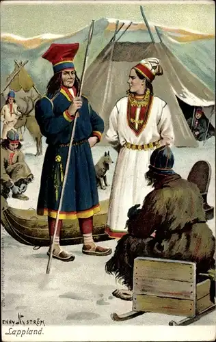 Künstler Litho Nyström, Jenny, Lappland, Menschen in Trachten