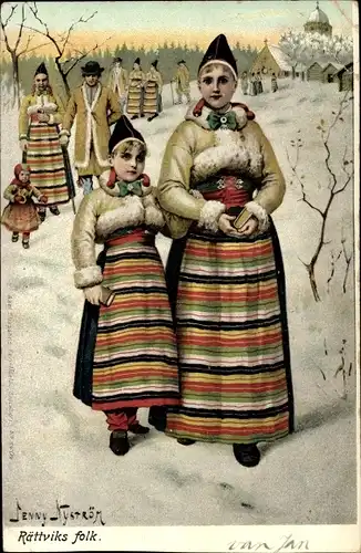 Künstler Litho Nyström, Jenny, Menschen in schwedischen Volkstrachten