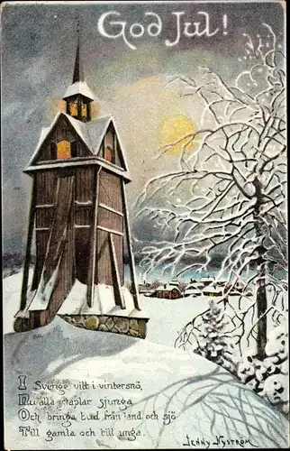 Künstler Ak Nyström, J., Glückwunsch Weihnachten, Turm, Glocke, Baum, Winterszene