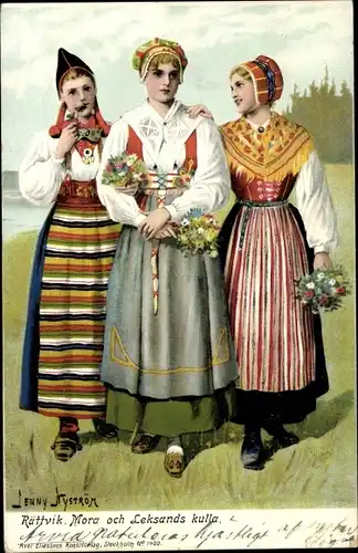 Künstler Litho Nyström, Jenny, Schwedische Volkstrachten, Frauen, Portrait, Blumen