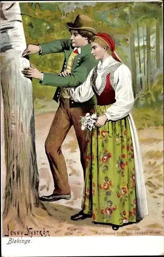 Künstler Litho Nyström, Jenny, Mann und Frau in schwedischen Volkstrachten