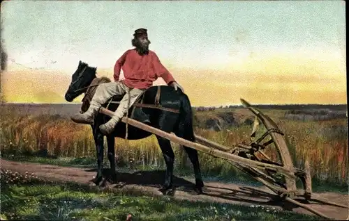 Ak Bauer in Tracht, Pferdepflug, Pferd