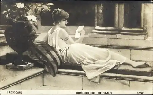 Künstler Ak Lecoque, Frau in weißem Kleid, Blumenvase