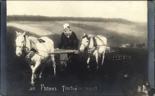 Künstler Ak Repin, Tolstoi, Gemälde aus der Tretjakow Galerie in Moskau, Bauer, Pflug, Pferde